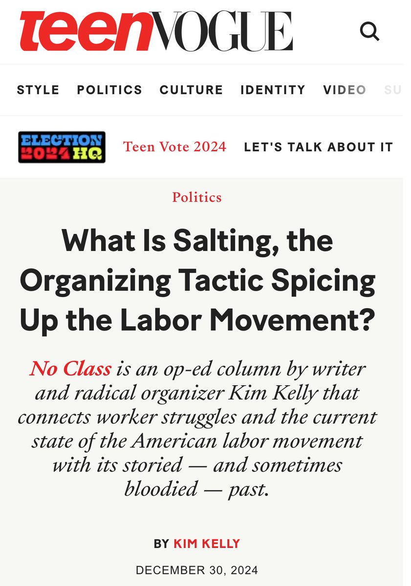 Kim Kelly (@grimkim) on Twitter photo A new generation of young, diverse, fired-up worker-organizers around the country are embracing one of the oldest tactics in the pro-union handbook: salting.
My latest for <a href="/TeenVogue/">Teen Vogue</a>, with thanks to <a href="/jazbrisack/">jaz brisack</a> <a href="/_ericblanc/">Eric Blanc (also at ericblanc. b s k y )</a> <a href="/RankAndFileProj/">Rank & File Project</a> for their insights! (Link in reply) A new generation of young, diverse, fired-up worker-organizers around the country are embracing one of the oldest tactics in the pro-union handbook: salting.
My latest for <a href="/TeenVogue/">Teen Vogue</a>, with thanks to <a href="/jazbrisack/">jaz brisack</a> <a href="/_ericblanc/">Eric Blanc (also at ericblanc. b s k y )</a> <a href="/RankAndFileProj/">Rank & File Project</a> for their insights! (Link in reply)