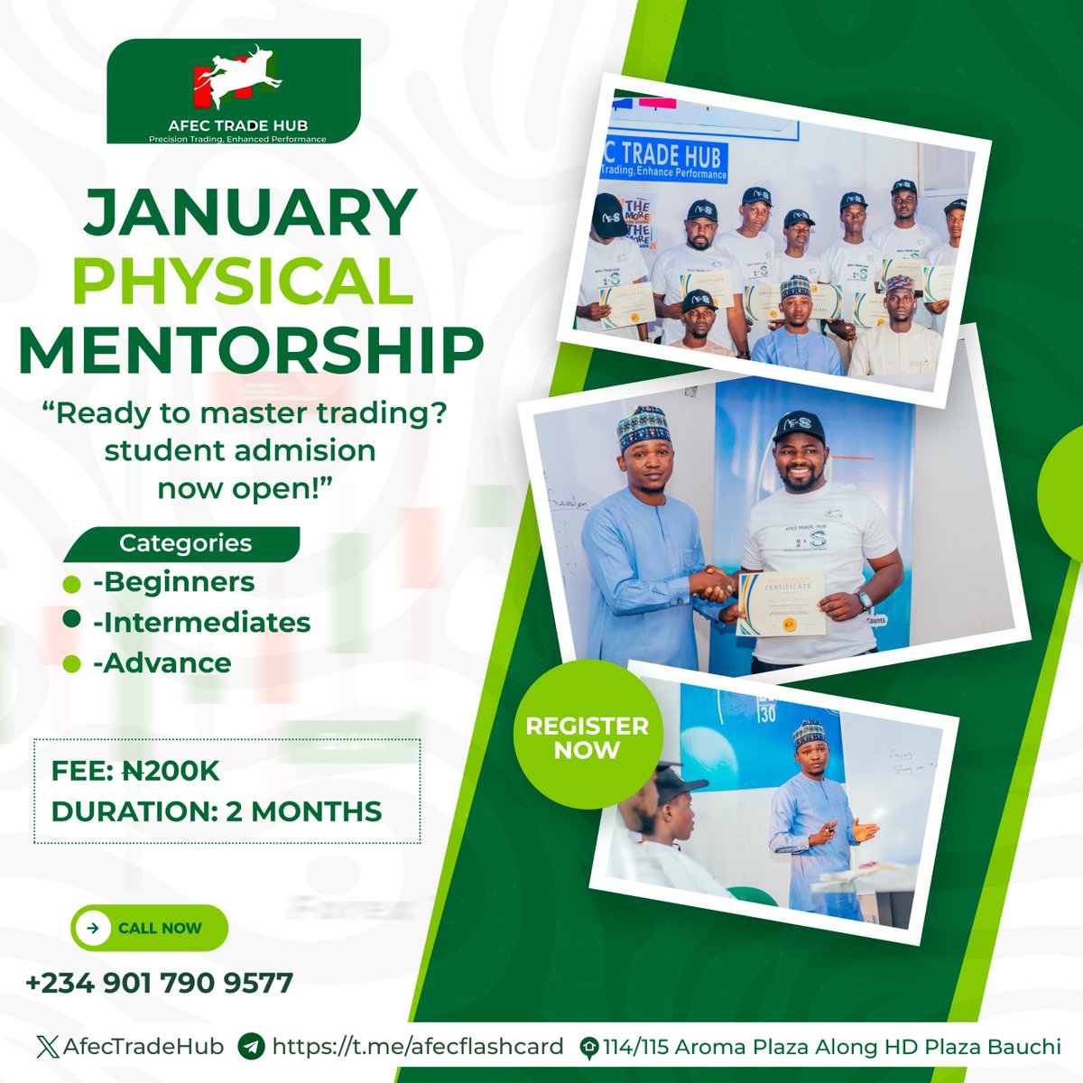 Exciting news⚡🥳
Another great opportunity to become a Consistently Profitable Ranger is now ACTIVE.

JANUARY Physical Mentorship is now Open for Registration at AFEC TRADE HUB.

The slots are limited. Don't miss joining the Train to Financial Freedom!