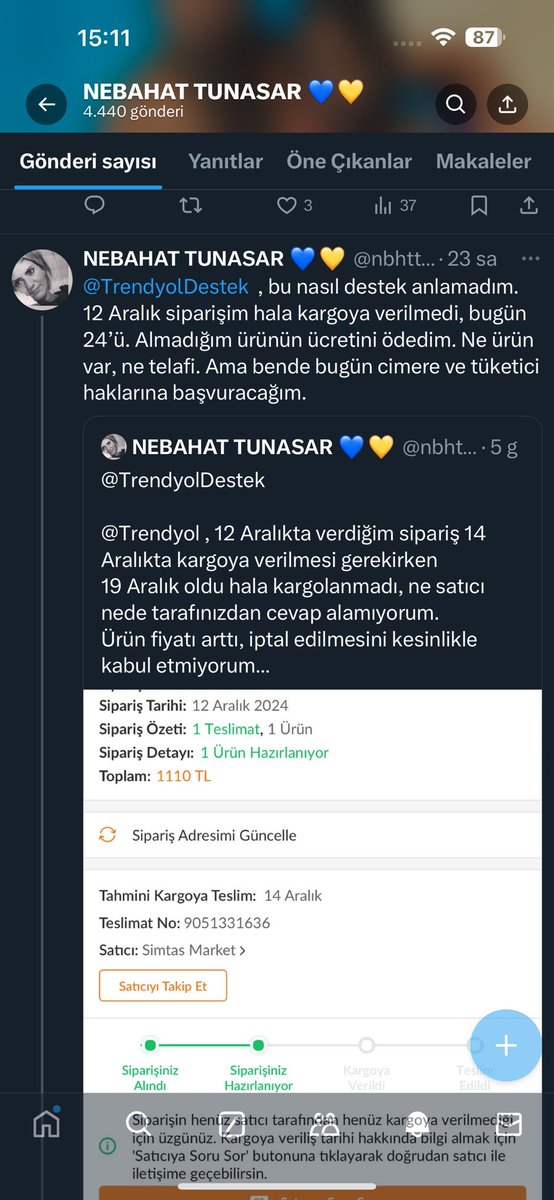 nbhttnsr's tweet photo. @TrendyolDestek @Trendyol 
12 Aralık siparişimden hala ses yok, @tc_cimer ‘e ve @TuketiciBasvuru ‘ya da şikayetlerimi ilettim ama Trendyol sattığı ürünün arkasında durmuyor malesef. 
Ben 18 gün önce , peşin ödeyip  aldığım ürünü istiyorum. Ve birdahada sizden alışveriş yapmam… https://t.co/Fv5bjeYhH1