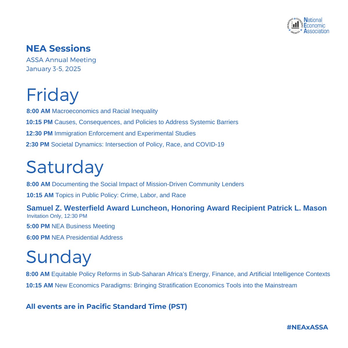 It's Conference Week! We're gearing up for the 2025 ASSA Annual Meeting. Three days of fellowship with over 60 associations across the social sciences. Here's what to look forward to with #NEAxASSA25.