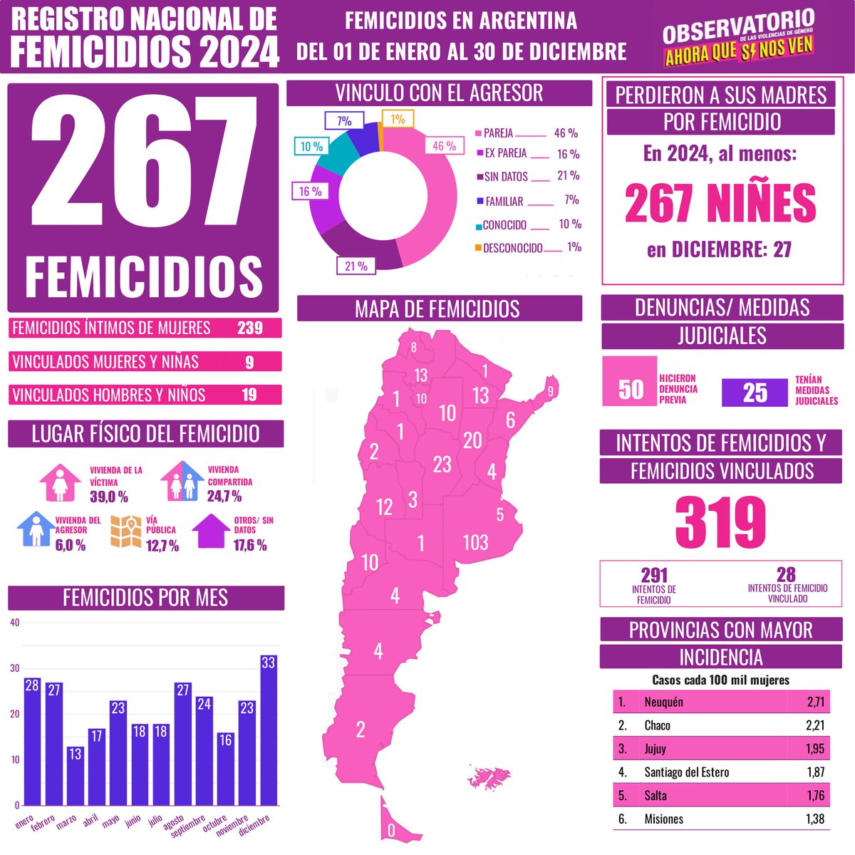 🚨267 femicidios en 2024. 
🚨33 en el mes de diciembre 
Los dichos del ministro de Justicia y del vocero presidencial acerca de una reducción en los casos de femicidios son mentirosos y oportunistas. 
(Sigue)