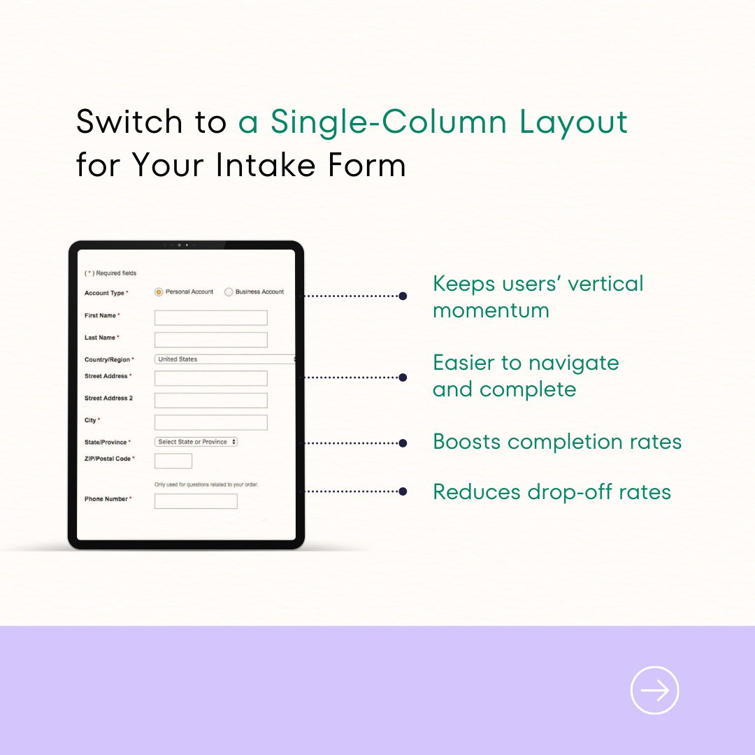 dorna_at_gavel's tweet image. 1 simple step to boost your client intake completion rates: Switch to a single-column layout. It&apos;s easier to navigate, fewer missed fields, and happier clients.

Swipe to see why this works! 🚀

#LegalTech #ClientIntake