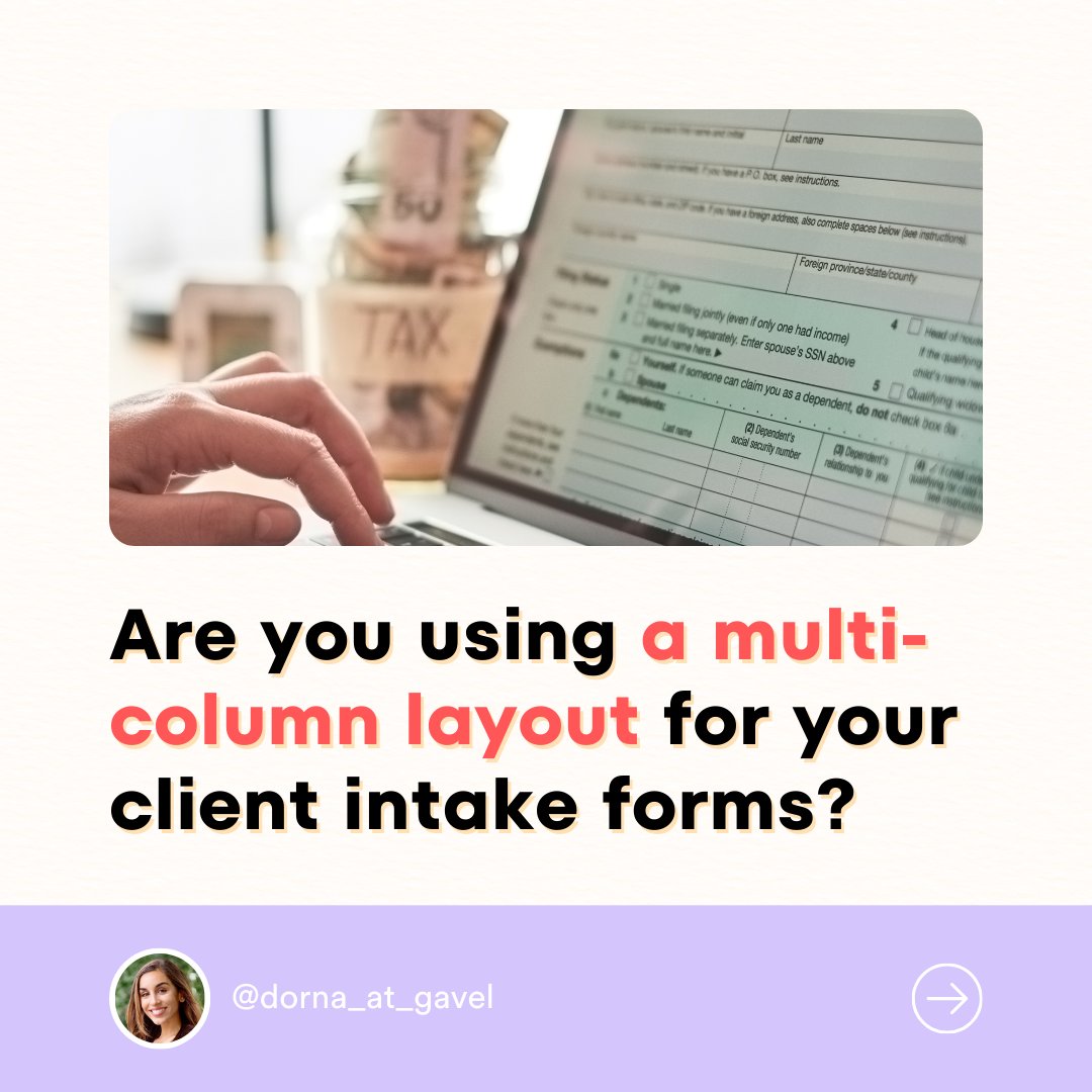 dorna_at_gavel's tweet image. 1 simple step to boost your client intake completion rates: Switch to a single-column layout. It&apos;s easier to navigate, fewer missed fields, and happier clients.

Swipe to see why this works! 🚀

#LegalTech #ClientIntake