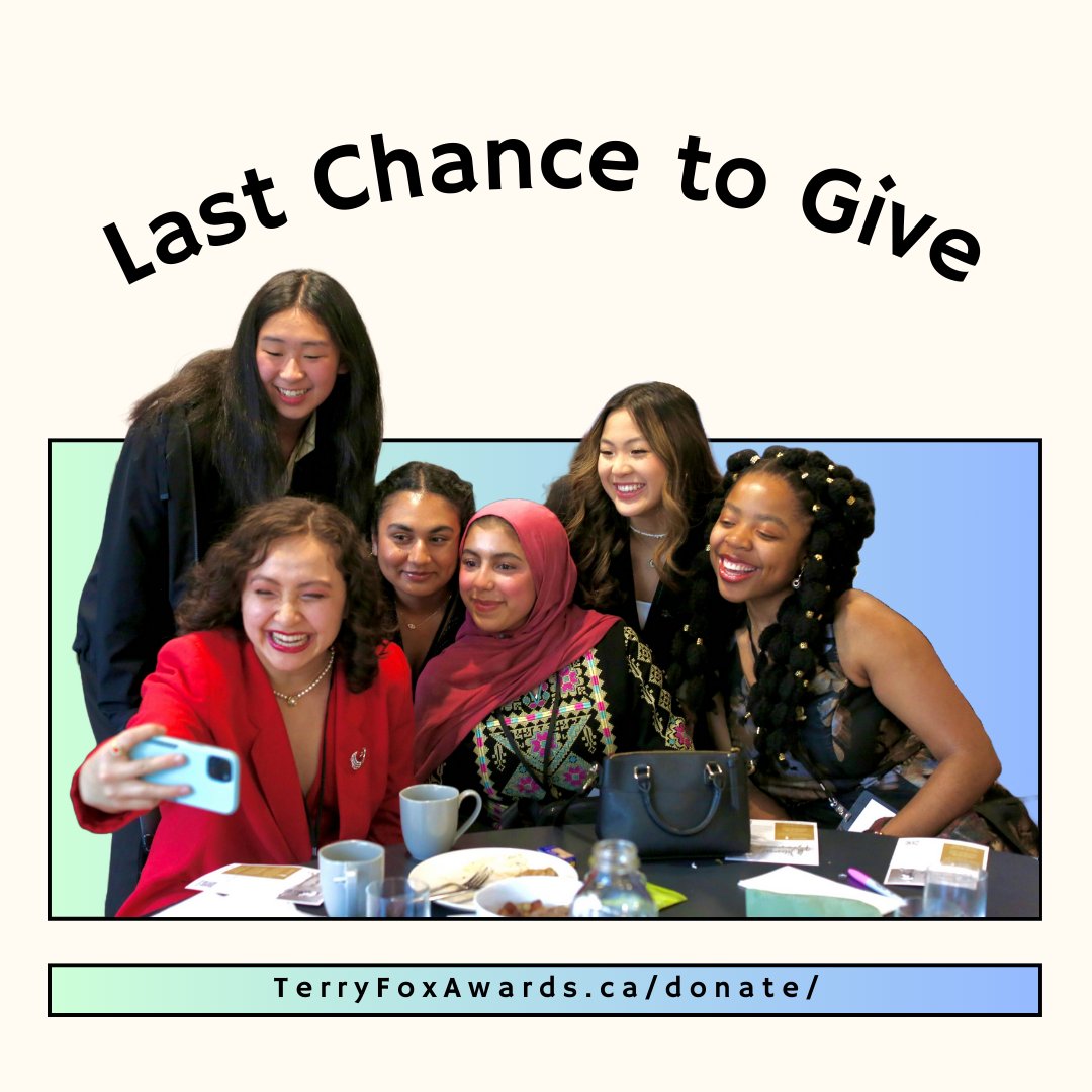Invest in young #humanitarians who are making a difference in communities throughout the nation! #Donate before midnight tomorrow to qualify for 2024 tax savings, or after for 2025. 

➡️terryfoxawards.ca/donate/
#GiveToday #CDNpoli #CHPC #GiveBack