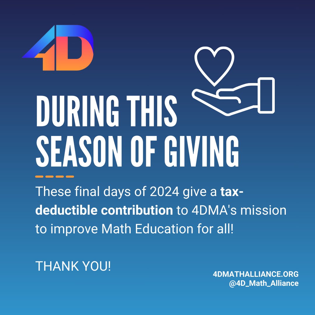 4dMath's tweet photo. As the end of 2024 approaches give to #4DMA to make a positive impact on #MathEducation for ALL #students &amp; #teachers ensuring that they have the opportunity to believe that #MathisForEveryone https://t.co/Iw79SB4Ipu
#Donation #GoodCause #MathEd #STEMEd #education #SeasonofGiving https://t.co/xtrqW3iABs