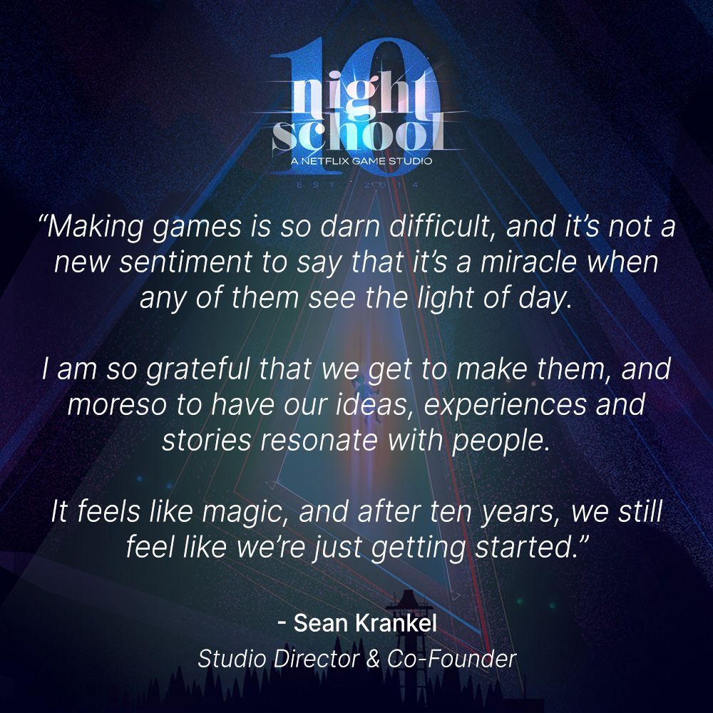 "It feels like magic, and after ten years, we still feel like we're just getting started."

Read Studio Director and co-founder Sean Krankel's letter to the community as we close out our 10 Years of Night School celebration (and 2024!) 💌
bit.ly/NSS10YearsLett…