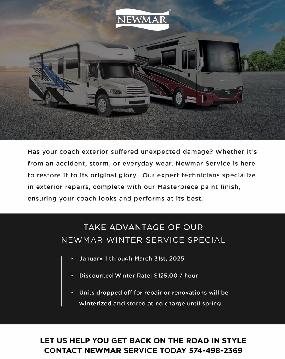 Unexpected exterior damage?  Take advantage of our Newmar Winter Service Special.  Contact Newmar Service today at 574-498-2369.  Let us help you get back on the road in style!