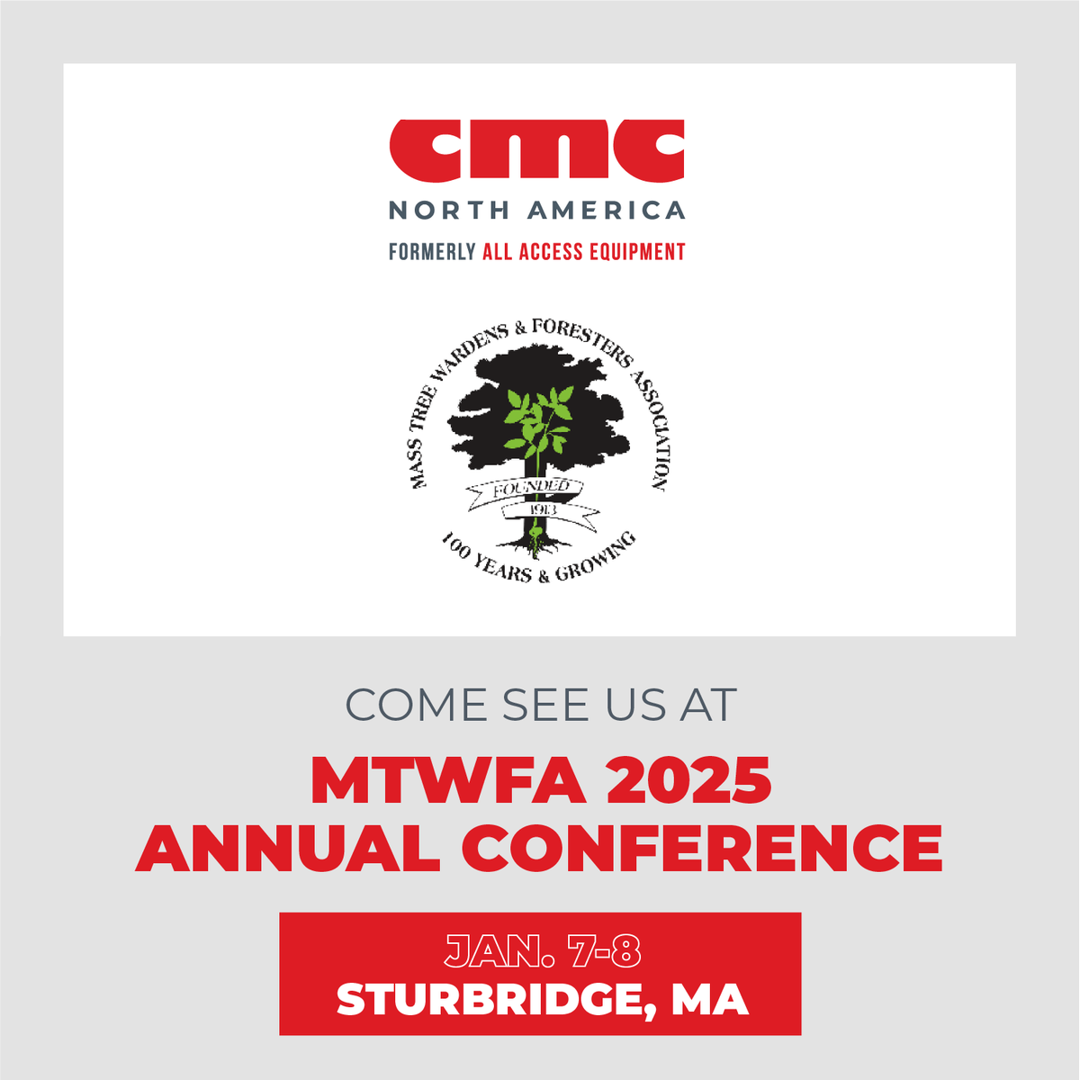cmcliftna's tweet photo. We'll be in Sturbridge, MA next week (1/7-8) for the 2025 MTWFA Annual Conference!  ⁠ #cmcliftna #cmclift #arborpro #treework #treeexperts #treelife #treebiz #tree #trees #horticulture #arborist #utilitywork #maintenance #construction #rentals #home #tradeshow #MTWFA https://t.co/ODy1Ze6xDO
