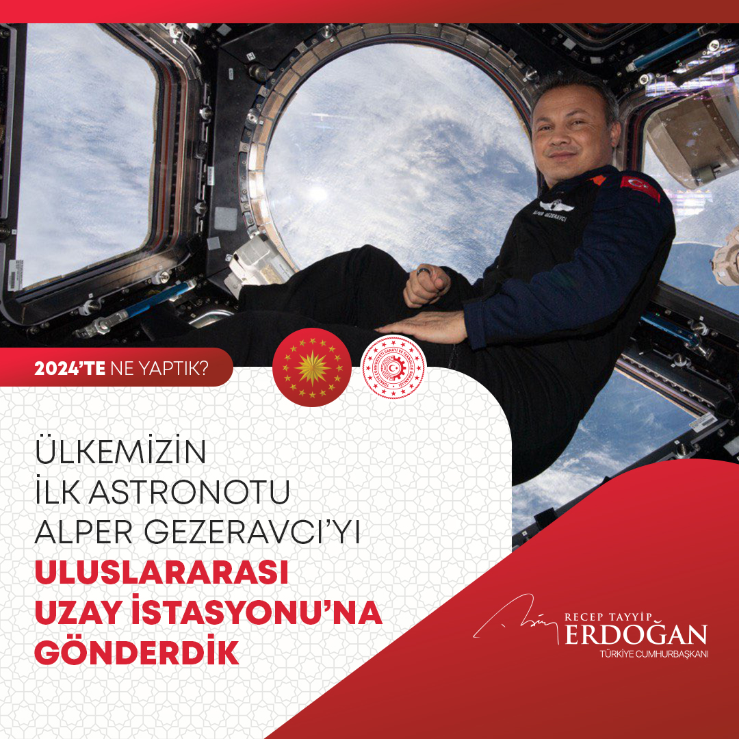 Uzay çalışmalarında yeni bir dönemin kapılarını araladık. Millî Uzay Programımız kapsamında ilk Türk astronot Alper Gezeravcı’yı Uluslararası Uzay İstasyonu’na gönderdik. #2024teNeYaptık
