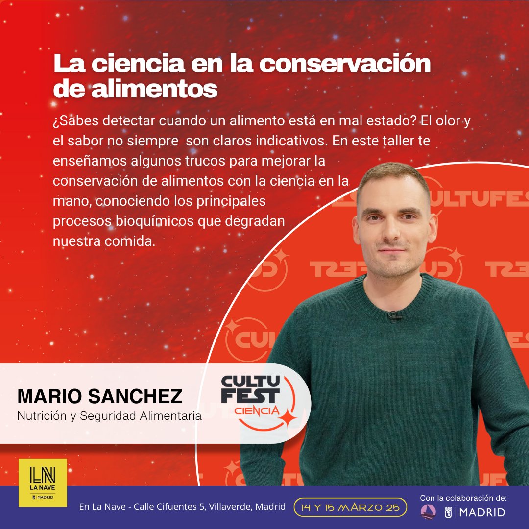 ¡Mario Sánchez confirmado para CultuFest Madrid 2025! 👀

<a href="/sefifood/">Mario Sánchez 🧀</a> estará con nosotros con su taller titulado: La ciencia en la conservación de alimentos 🥩 

📅 14 y 15 de marzo
📍 La Nave, Madrid

🎟 Entradas ya a la venta en nuestra web 👉 cultufest.world