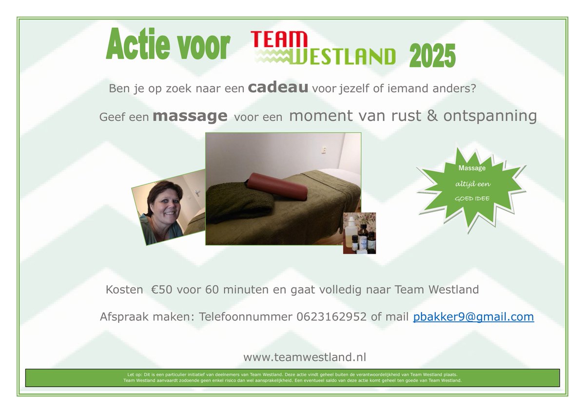 Wil je het jaar ontspannen beginnen en meer "me-time" inplannen? Maak dan een afspraak bij Team Westland 2025 deelneemster Patricia voor een heerlijke massage voor een moment van rust en ontspanning.

De gehele opbrengst van de massage gaat naar Team Westland.
