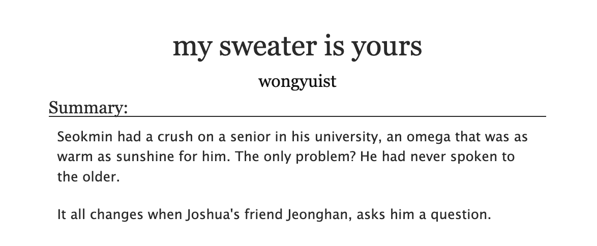 my sweater is yours by wongyuist
↳ for @218realm 
   ↳ Joshua/Seokmin | explicit | 6.3k 

archiveofourown.org/works/61807261