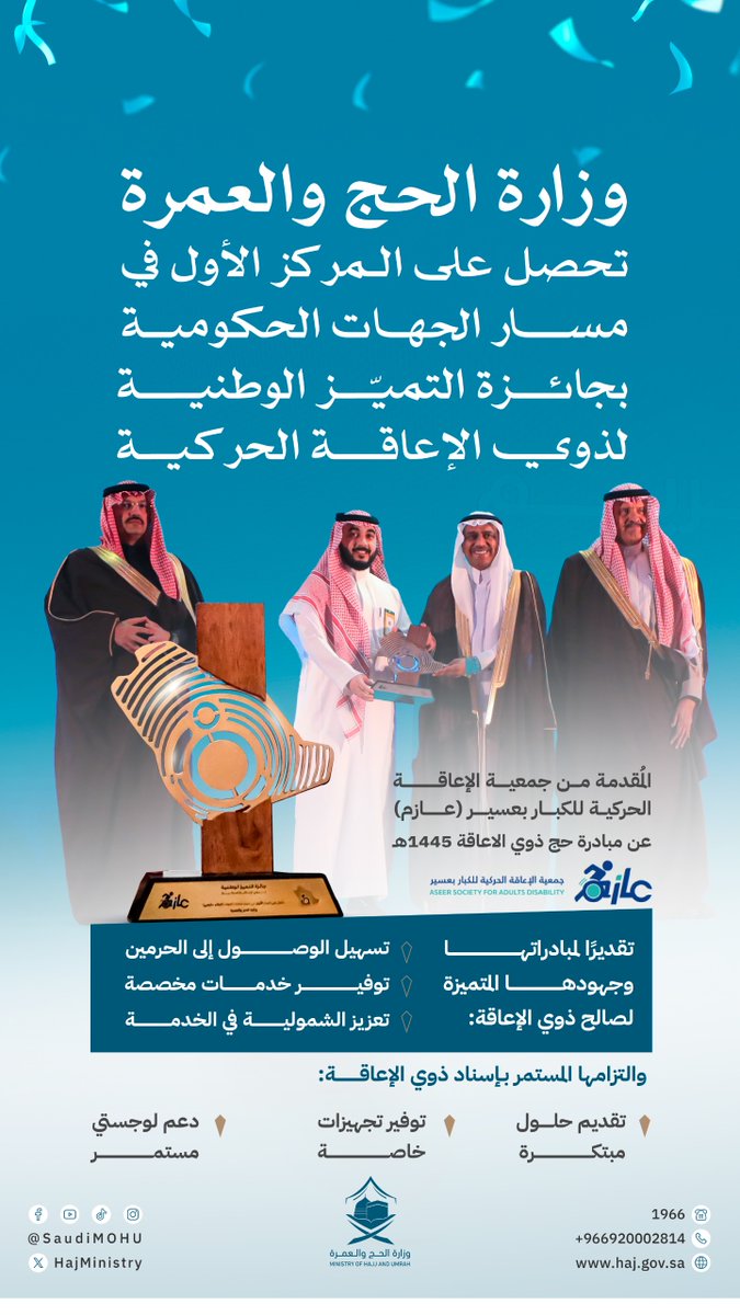 HajMinistry's tweet image. معالي الدكتور @asmashat يتسلم جائزة التميز الوطنية لذوي الإعاقة الحركية في مسار الجهات الحكومية (المركز الأول)، تقديرًا لجهود ومبادرات وزارة #الحج_والعمرة في توفير أفضل الخدمات للأشخاص ذوي الإعاقة، لتأدية المناسك براحة واطمئنان.

#مكة_والمدينة_في_انتظاركم_بشوق