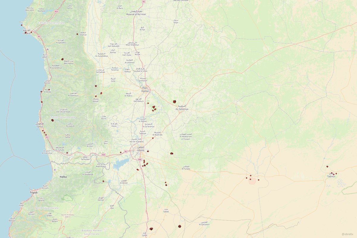 obretix's tweet photo. updated map of Israeli airstrikes in Syria targeting airbases, air defenses, artillery and ammunition storage sites between 8 and 16 December 2024 https://t.co/xX54TagzWa