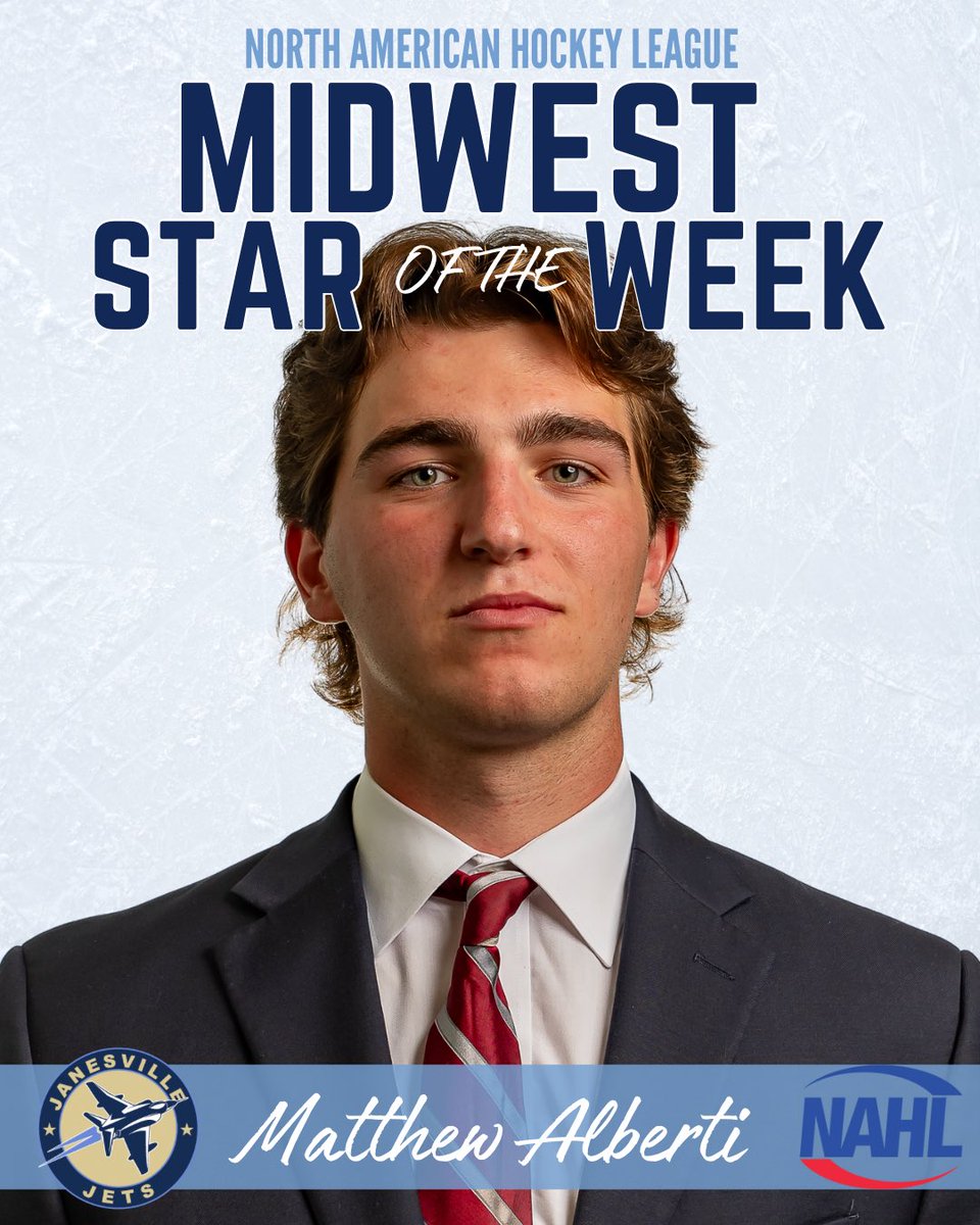 Congratulations Matthew on being named NAHL’s Midwest Star of the Week!! ✈️

Matthew Alberti had a big weekend in Chippewa. In 2 games, he had 81 saves on 88 shot attempts! 👏🏼

#NAHL #Janesville #JanesvilleJets #WheelsUp #YourTownYourTeam #Hockey