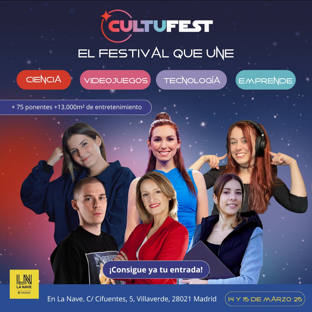 ¡Prepárate para sumergirte en la experiencia más emocionante del año! 💥 CultuFest Madrid 2025 es el festival definitivo donde ciencia, videojuegos 🎮 , tecnología y emprendimiento se unen

📅 14 y 15 de marzo
📍 La Nave, Madrid

🎟Entradas ya a la venta👉 cultufest.world