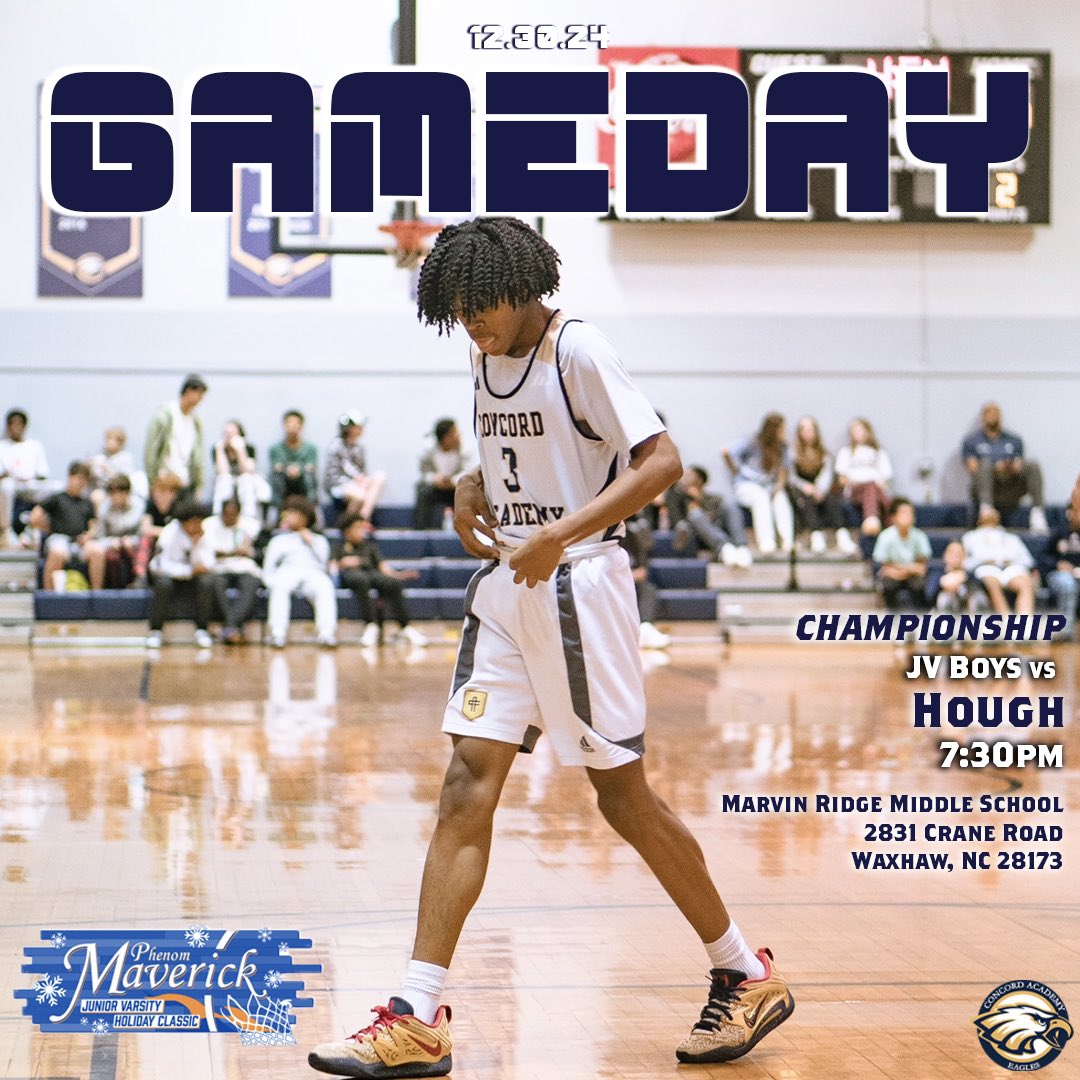 Concord Academy (NC) Athletics (@caeaglessports) on Twitter photo 🚨🚨 #GAMEDAY 🚨🚨
🏀 <a href="/CAEaglesMBB/">Concord Academy Basketball</a> (JV) vs. @hough_huskies (JV)
🗓️ December 30th, 2024
📍Marvin Ridge Middle School
📌 <a href="/Phenom_Hoops/">Phenom Hoop Report</a> #PhenomJVClassic
🕰 7:30pm
🎟️ gofan.co/event/2702998
#CAEagles 🚨🚨 #GAMEDAY 🚨🚨
🏀 <a href="/CAEaglesMBB/">Concord Academy Basketball</a> (JV) vs. @hough_huskies (JV)
🗓️ December 30th, 2024
📍Marvin Ridge Middle School
📌 <a href="/Phenom_Hoops/">Phenom Hoop Report</a> #PhenomJVClassic
🕰 7:30pm
🎟️ gofan.co/event/2702998
#CAEagles