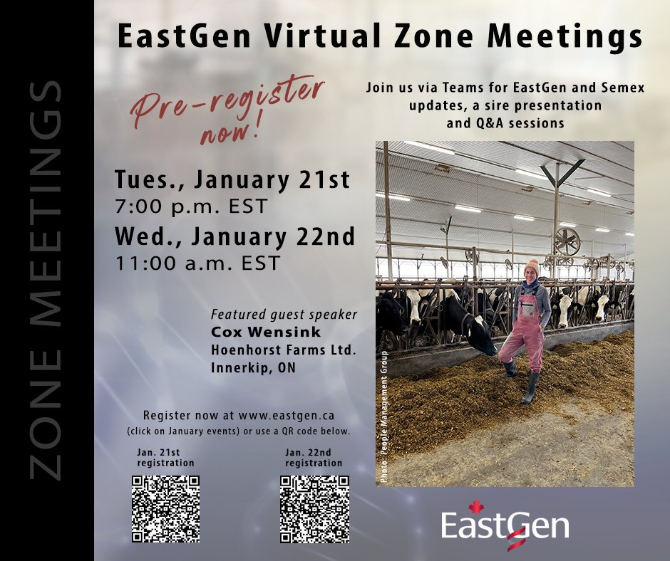 EastGen (@eastgengenetics) on Twitter photo ๐จSign up for an EastGen LIVE virtual Zone Meeting!
Pre-register via eastgen.ca, QR code or links:
๐ง๐๐ฒ๐., ๐๐ฎ๐ป. ๐ฎ๐ญ๐๐ ๐ณ ๐ฝ.๐บ. ๐๐ฆ๐ง
events.teams.microsoft.com/event/6cfa9cb8โฆ
๐ช๐ฒ๐ฑ., ๐๐ฎ๐ป. ๐ฎ๐ฎ๐ป๐ฑ ๐ญ๐ญ ๐ฎ.๐บ. ๐๐ฆ๐ง
events.teams.microsoft.com/event/6dfa1a3aโฆ ๐จSign up for an EastGen LIVE virtual Zone Meeting!
Pre-register via eastgen.ca, QR code or links:
๐ง๐๐ฒ๐., ๐๐ฎ๐ป. ๐ฎ๐ญ๐๐ ๐ณ ๐ฝ.๐บ. ๐๐ฆ๐ง
events.teams.microsoft.com/event/6cfa9cb8โฆ
๐ช๐ฒ๐ฑ., ๐๐ฎ๐ป. ๐ฎ๐ฎ๐ป๐ฑ ๐ญ๐ญ ๐ฎ.๐บ. ๐๐ฆ๐ง
events.teams.microsoft.com/event/6dfa1a3aโฆ