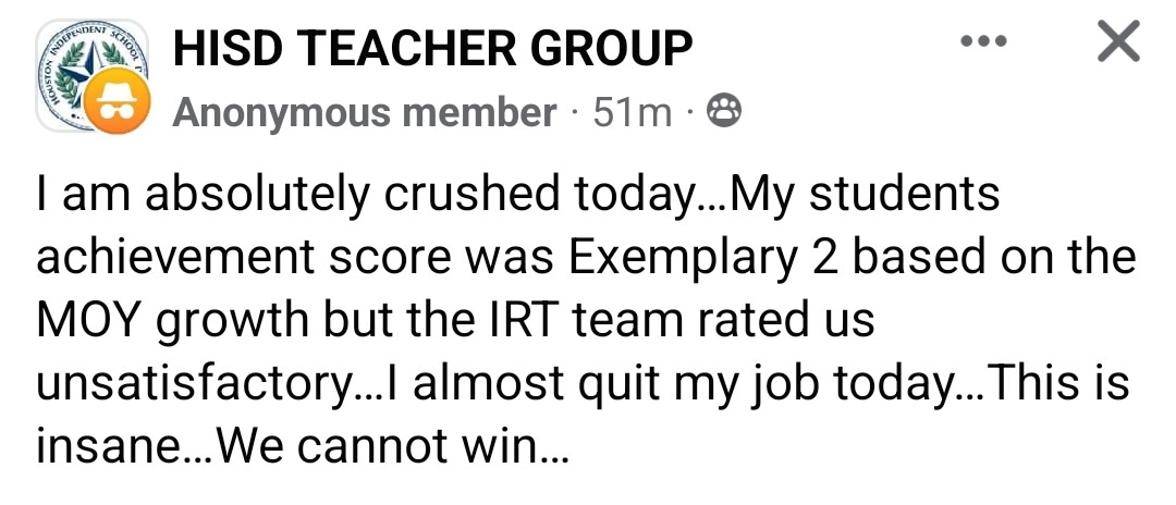 This is the kind manipulation of data that comes from the #HISD IRT, (Independent Review Team). The students' data is high but Miles' handpicked review team intentionally rates certain schools low so that it fits his narrative? #propaganda #lies