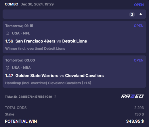 dailybetsx's tweet photo. 🎇🏀 NBA &amp; NFL PARLAY 🏈

We're posting non-stop winners everyday! We've hit our last 10/12 Parlays. Time to continue winning👻

- Detroit Lions: MONEYLINE
- Cleveland Cavaliers: (+1.5 Handicap)

➡️ Join Our Discord: https://t.co/YRRP8VUJ2z
🏆 Join Razed: https://t.co/h4abLFXTVR https://t.co/Bwnk3LC4cz