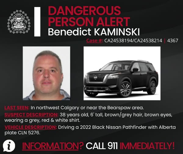 RCMPAlberta's tweet photo. #Calgary Police have issued a dangerous person alert for Benedict Kaminski, 38, involved in a double homicide in Kincora and Tuscany. He is 1.80 m tall, has brown and gray hair, brown eyes. Last seen driving a black 2022 Nissan Pathfinder (AB Plate CLN 5276). Call 911 if seen. https://t.co/AaTBmdDQBE