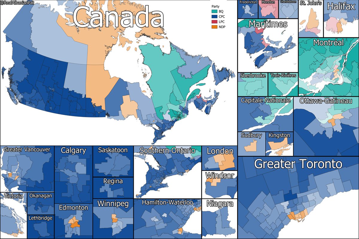 Latest Angus Reid Poll modelled out

🔵CON: 241 seats (+122)
⚜️BQ: 58 seats (+26)
🟠NDP: 38 seats (+13)
🔴LIB: 6 seats (-154)
🟢GRN: 0 seat (-2)

🔵Conservative Majority Government

Feel free to ask for any ridings