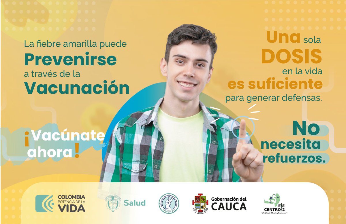saludcauca's tweet photo. ¡En el Cauca, seguimos protegiendo la salud de nuestra gente!💉

🏥 Recuerda la vacuna contra la fiebre amarilla es clave para tu bienestar. Es una sola dosis, completamente gratuita y te protege a ti y a quienes te rodean. 🤝

¡Cuidarnos es responsabilidad de todos!

#SaludCauca https://t.co/kGxLSeCzJP