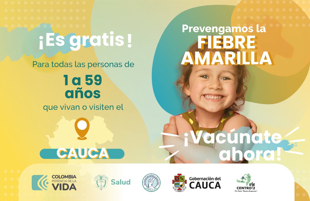 saludcauca's tweet photo. ¡En el Cauca, seguimos protegiendo la salud de nuestra gente!💉

🏥 Recuerda la vacuna contra la fiebre amarilla es clave para tu bienestar. Es una sola dosis, completamente gratuita y te protege a ti y a quienes te rodean. 🤝

¡Cuidarnos es responsabilidad de todos!

#SaludCauca https://t.co/kGxLSeCzJP