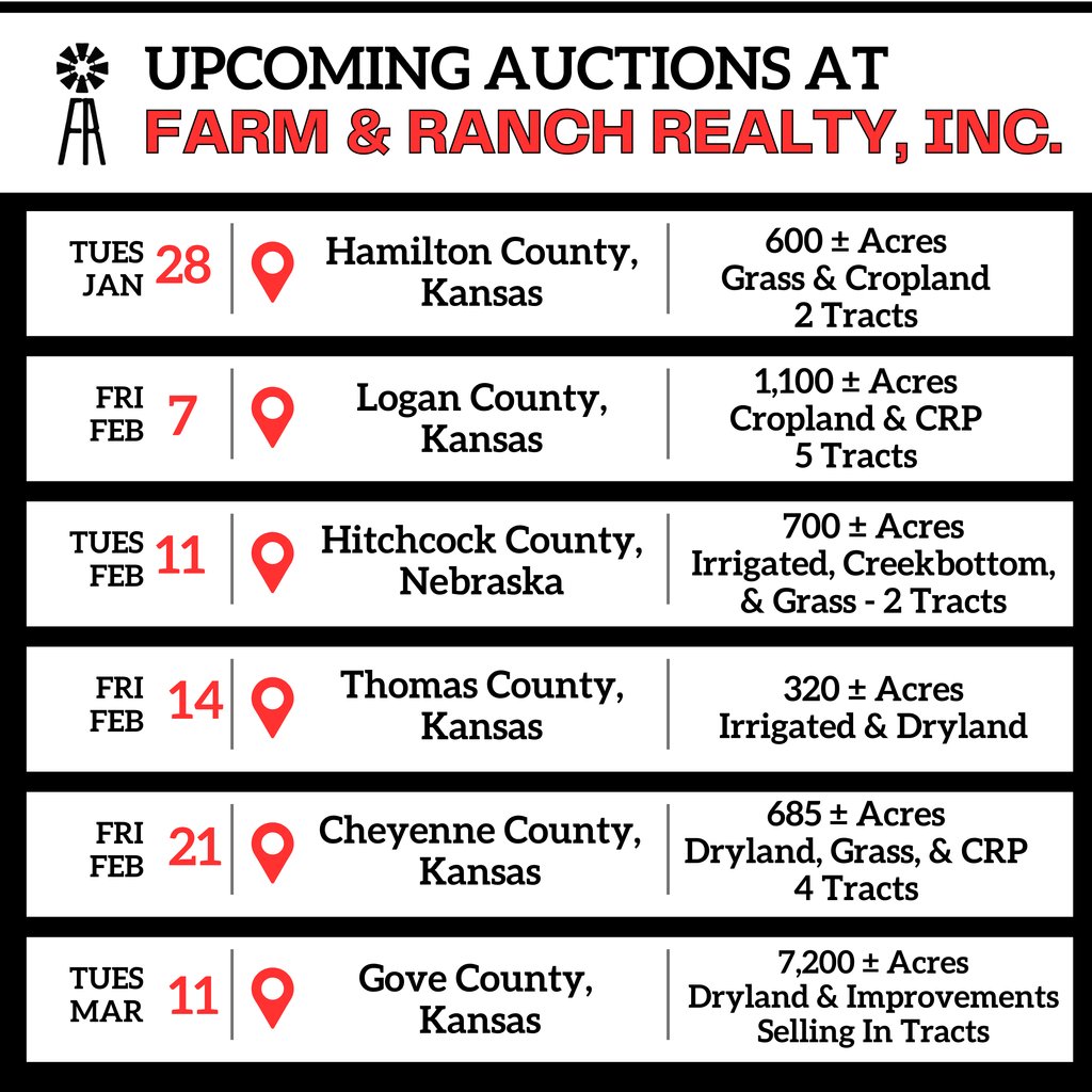 Here is a look at our current auction schedule for the first part of 2025! 📅

Farm &amp; Ranch Realty, Inc. 
Donald L. Hazlett, Broker
📞 1-800-247-7863
🔗 frrmail.com

#LandForSale #KansasRealEstate #ColoradoRealEstate #NebraskaRealEstate