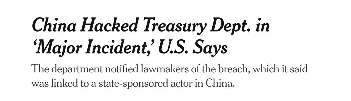 LukeGromen's tweet photo. Interesting timing coming so close on the heels of the latest round of "BTC might eventually get hacked by quantum computing" articles in US mainstream financial media, given that China reportedly hacked US Treasury but not BTC. https://t.co/9EhIS1XDYC