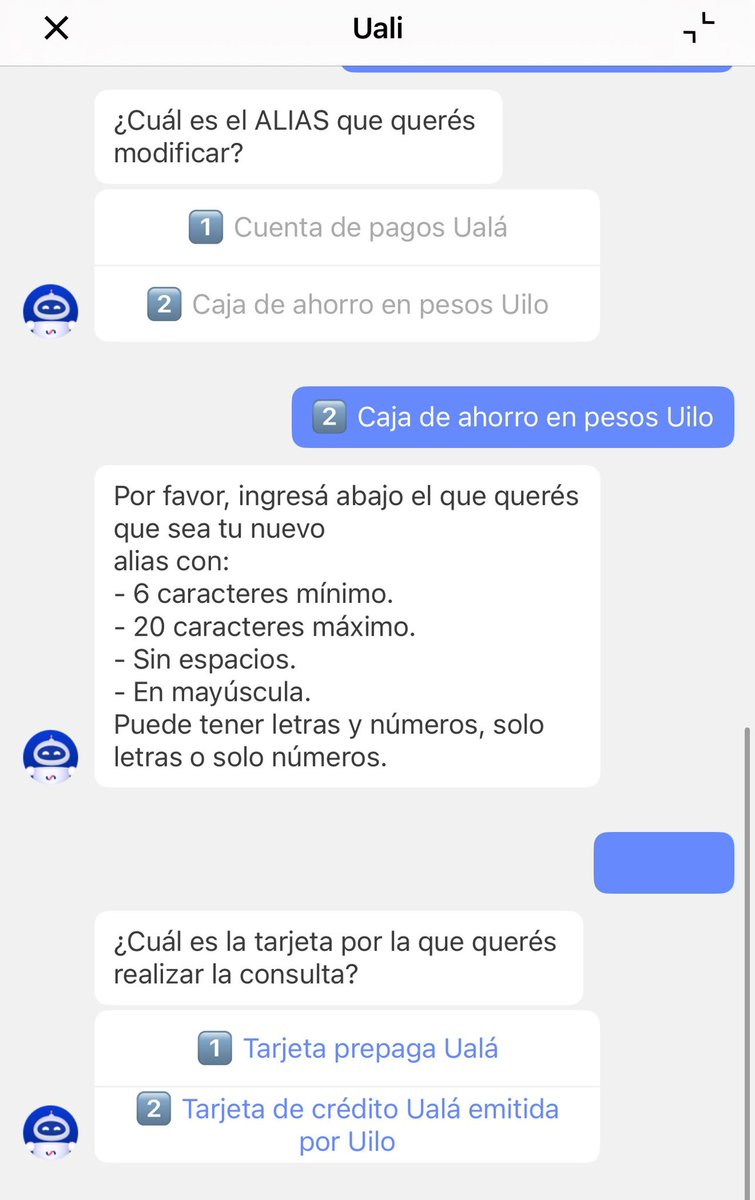 el1delatv's tweet photo. @pbarbieri @Lulo201 @uala_arg De donde sacás que es más rápido abrir el chat, esperar que el bot boludo responda y después cambiarlo por ahí que poner un botón? Vos estudiaste UX? 

PD. Tardé 55 segundos porque el bot en vez de cambiar el alias creyó que quería consultar por las tarjetas. https://t.co/3MrECGD7Eg