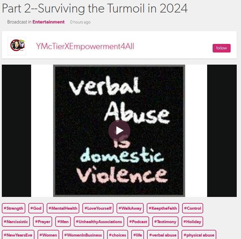YMcTier's tweet image. New Podcast segment
@blogtalkradio Dec 30th! Verbal, Almost Physical Abuse! Part 2 of what happened to me! CLICK the LINK BELOW to Tune In
@YMcTier #blogtalkradio #podcast #God #OnAir #abuse #men #women #holiday 

tobtr.com/s/12394038