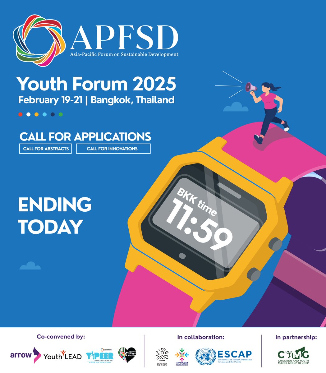 ARROW (@arrow_women) on Twitter photo π’FINAL CALL: #APFSD YOUTH FORUM 2025
Submit your application to attend the annual Youth Forum by 11:59 PM BKK Time today!
π’Funding available for a select number of participants
forms.gle/65XDDMXmTWS7jSβ¦
#APFSDYouth2025 <a href="/ypeerap/">YPEERAP</a> <a href="/YouthLEADAP_/">Youth LEAD</a> <a href="/UNMGCY/">MGCY</a> <a href="/AP_RCEM/">AsiaPacificRCEM</a> <a href="/UNESCAP/">United Nations ESCAP</a> <a href="/cymgunep/">Children & Youth Major Group to UNEP</a> π’FINAL CALL: #APFSD YOUTH FORUM 2025
Submit your application to attend the annual Youth Forum by 11:59 PM BKK Time today!
π’Funding available for a select number of participants
forms.gle/65XDDMXmTWS7jSβ¦
#APFSDYouth2025 <a href="/ypeerap/">YPEERAP</a> <a href="/YouthLEADAP_/">Youth LEAD</a> <a href="/UNMGCY/">MGCY</a> <a href="/AP_RCEM/">AsiaPacificRCEM</a> <a href="/UNESCAP/">United Nations ESCAP</a> <a href="/cymgunep/">Children & Youth Major Group to UNEP</a>