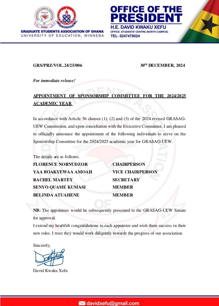 grasag_uew's tweet photo. 🇨🇿🇨🇿🇨🇿🇨🇿🇨🇿🇨🇿🇨🇿
  APPOINTMENT OF SPONSORSHIP COMMITTEE OFFICERS
 
The President, H.E. David Kwaku Xefu, is delighted to announce the appointment of Sponsorship Committee Officers for the 2024/2025 academic year. https://t.co/kRxF5YxSXk