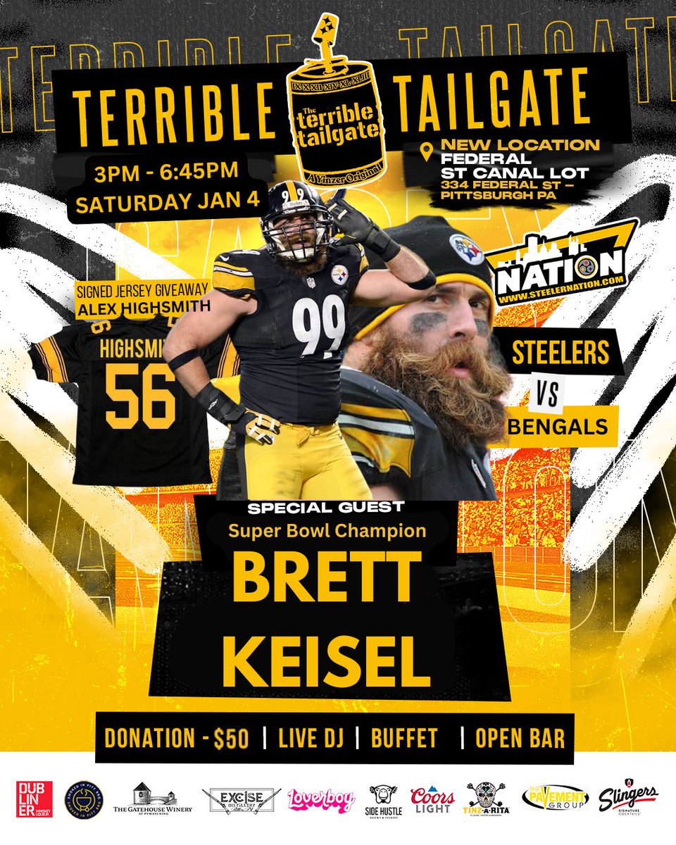 LFG! You know if it’s the last guaranteed Steelers home game of the year, we had to go out with a banggggg. 

I’m so hype to announce the guest for the Terrible Tailgate Saturday night.

A White Whale.

The DIESEL!

Come party with him!
🎟️ Tix 👇🏽 

rb.gy/90o3z3