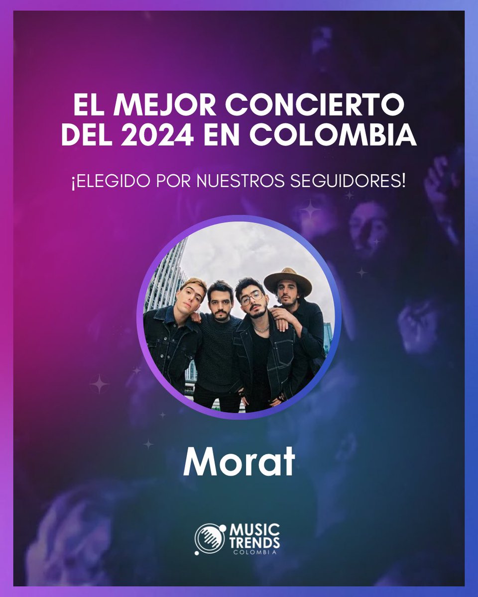 musictrendscol's tweet photo. 🏆 ¡TENEMOS GANADOR! 🏆

Tras 5 rondas de votaciones y más de 350.000 votos en nuestras redes, ustedes han escogido a @MoratBanda como el MEJOR CONCIERTO DEL 2024 EN COLOMBIA 🇨🇴🥹

Es la primera vez que un artista nacional gana nuestra tradicional encuesta anual 👌🏻

¡Felicidades para sus fans, para ellos, y para
@TBL_Live que fueron quienes produjeron sus dos shows en Bogotá! 🔥