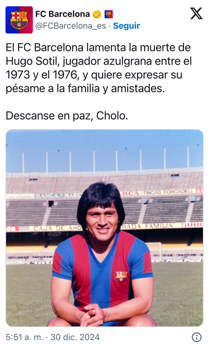 SilvioValencia2's tweet photo. Así informaron los medios españoles y FC Barcelona el deceso de Hugo “el Cholo” Sotil.

.
.
#silviovalencia
#HugoSotil https://t.co/3Afk6HxrkW