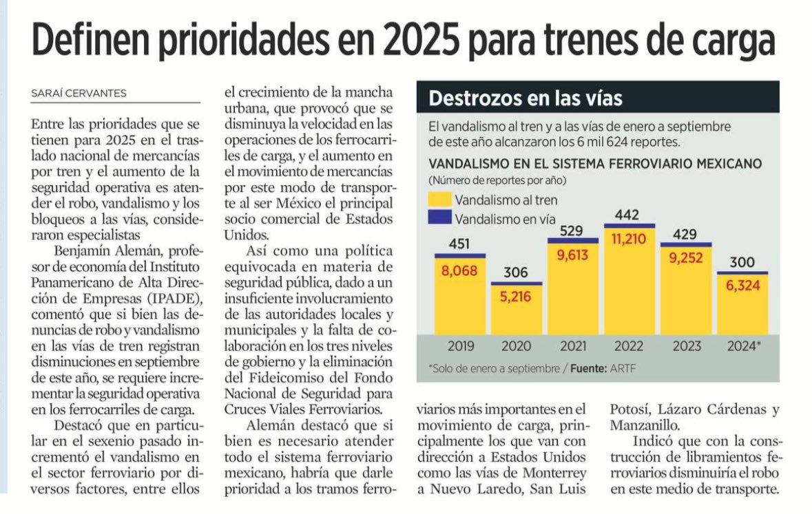 balemanc's tweet photo. Hoy sale el segundo artículo de @saraicervantes en Reforma, derivado de la entrevista que tuvimos hace unos días: prioridades para mejorar la seguridad operativa del transporte ferroviario de carga. https://t.co/gKICbhL70c