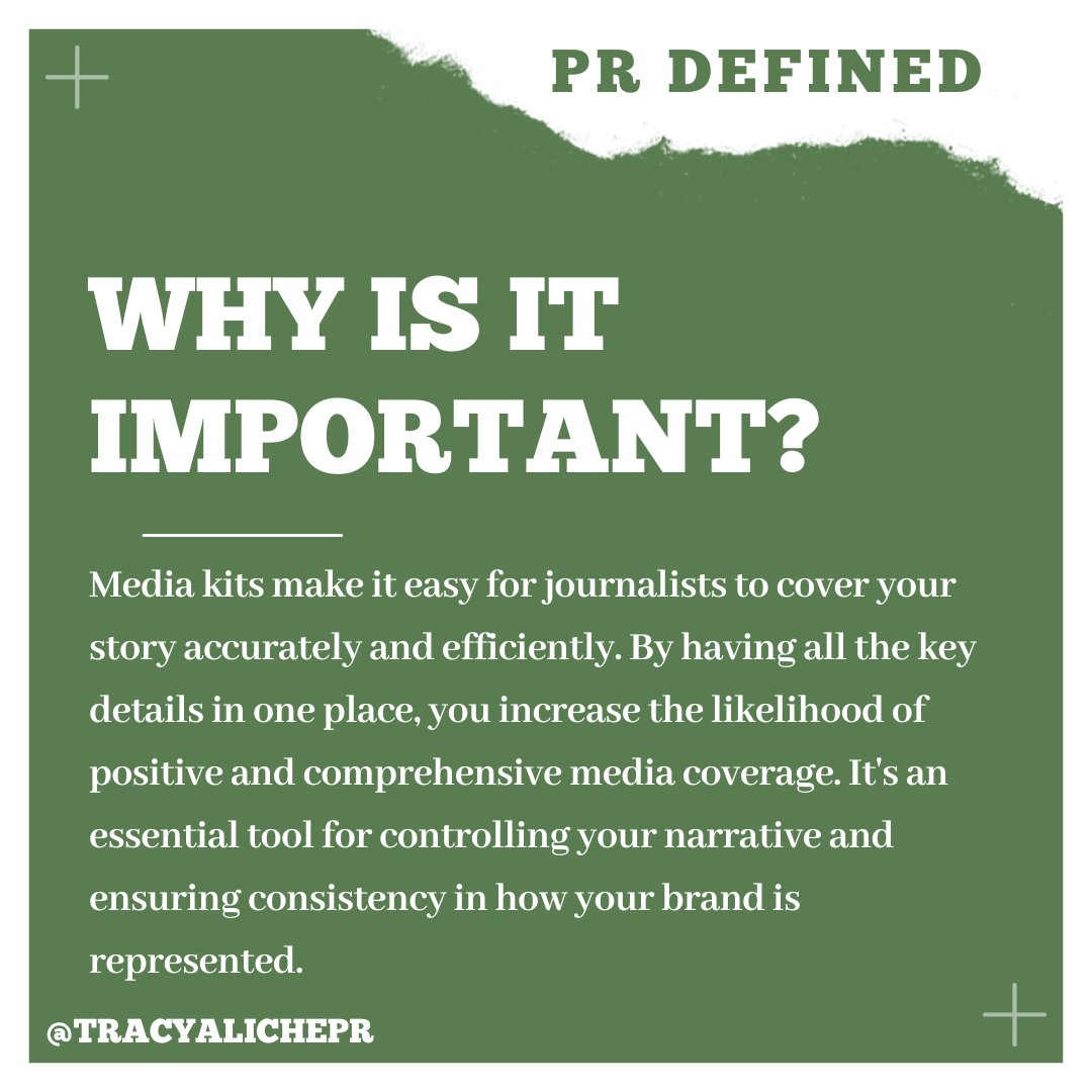 TracyAlichePR's tweet image. A Media Kit is your brand’s digital handshake with the press.  It includes your bio, key stats, and press-ready images—all in one place to help tell your story. 

Want more PR insights? Follow this #PRDefined series! 💼✨ 
 #MediaKit101 #PublicRelationsTips