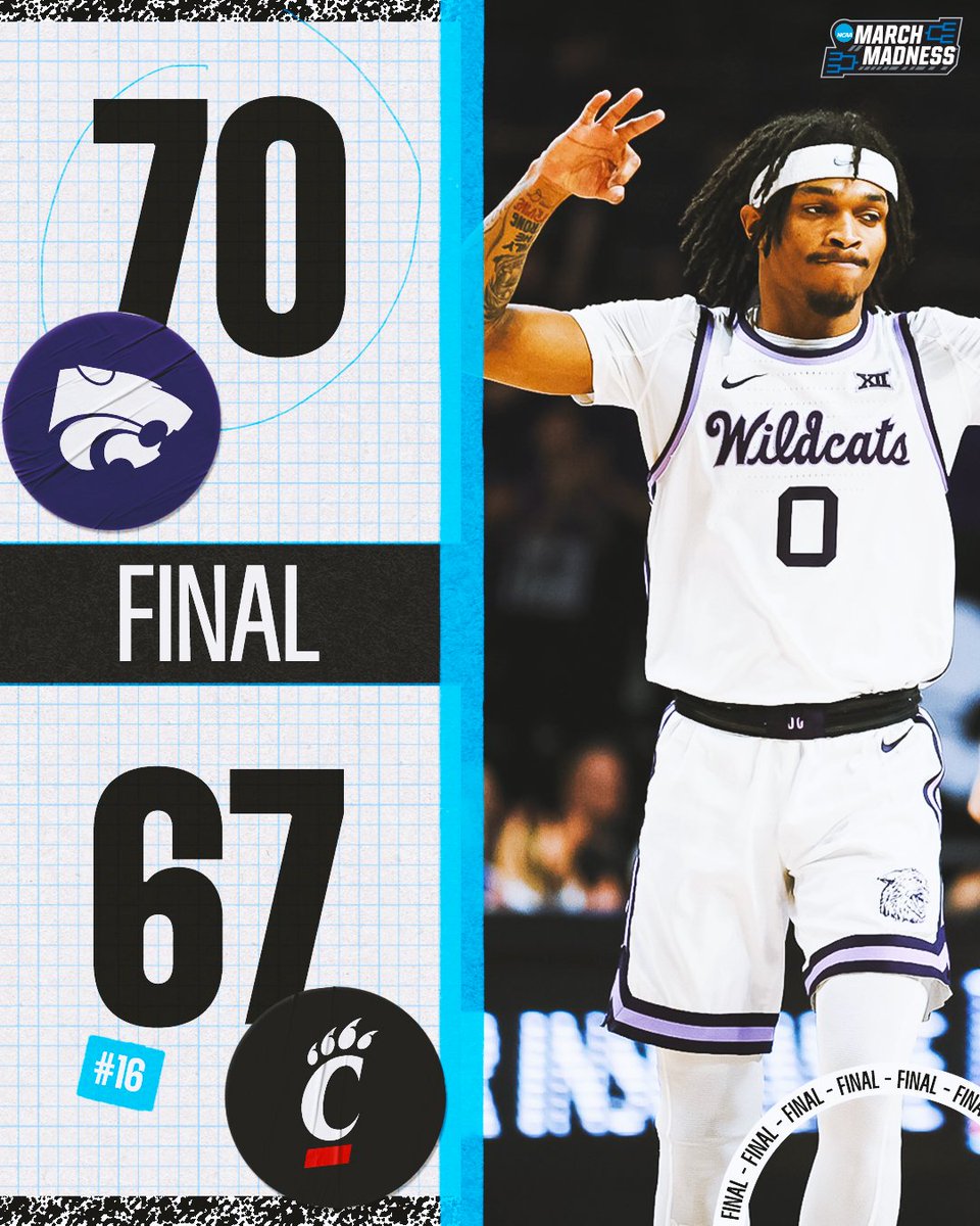 MarchMadnessMBB's tweet photo. K-STATE TAKES DOWN NO. 16 CINCY 😸

The Wildcats win their Big 12 opener over the Bearcats 🙌 https://t.co/qobyXpQ0w0
