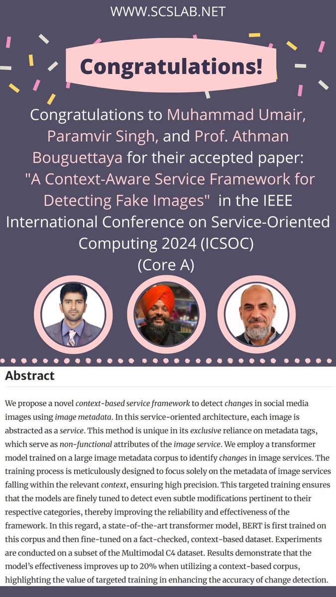 SCSLab's tweet image. Congratulations to Muhammad Umair, Paramvir Singh, and Prof. Athman Bouguettaya for their accepted research paper in the IEEE International Conference on Service-Oriented Computing 2024 (ICSOC) 
🔹 Link to the paper: doi.org/10.1007/978-98…