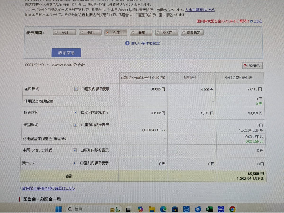 2024年　楽天証券　
配当金・分配金（税引後）
国内株式　27,119円
投資信託　38,439円
米国株式　1,562.84ドル
今年は円で計算すると税引約300,000円くらいになりました!
手探りながら１年間やりましたが自分にあった投資方法が少しわかった気がします。
#高配当株 #NISA #楽天証券 #SBI証券 #増配