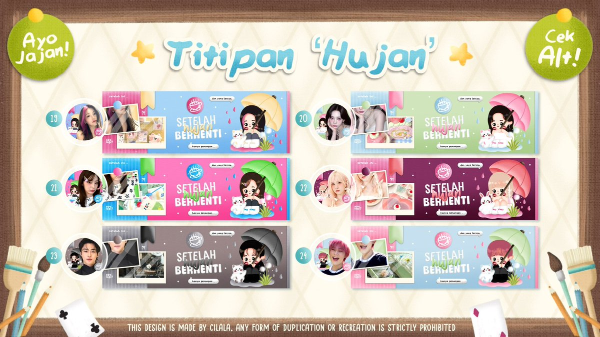 🦭💭 Titipan ‘hujan’ sudah selesai! Ayo jemput bocil galau ini di dm Cila, sebut nomor dan send format replace textnya ~ boleh cek alt tiap gambar untuk info pemilik.

💸 : 28.000
🖍️ : Free replace text (tapi beberapa bagian aja yaaa yg bisa direplace)

Cek di bawah untuk form