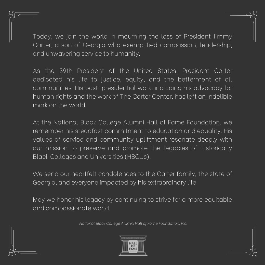 Today, we join the world in mourning the loss of President Jimmy Carter, a son of Georgia who exemplified compassion, leadership, and unwavering service to humanity.

39th President of the United States, President Carter dedicated his life to justice and equity. #JimmyCarter