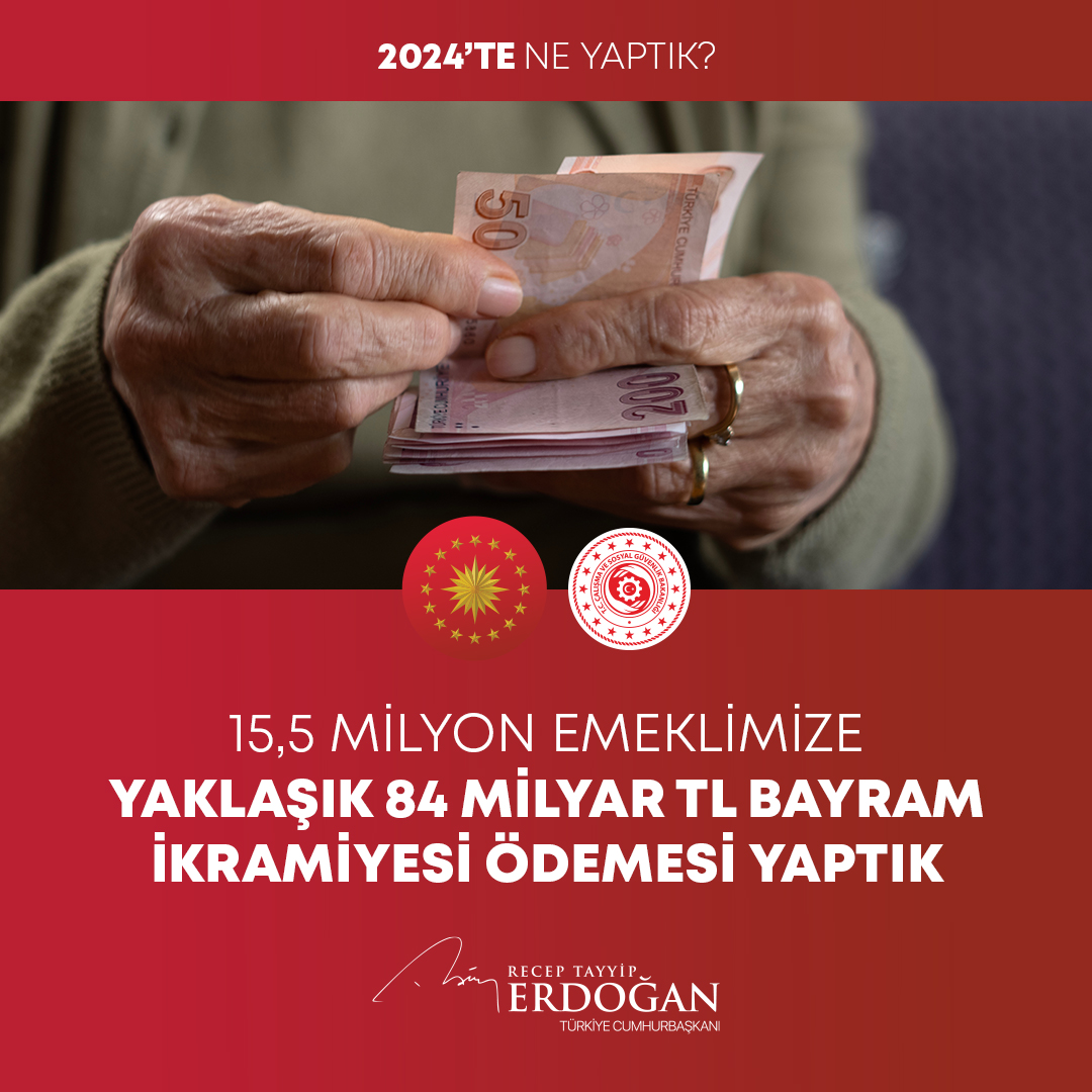 Emeklilerimizin bayram ikramiyelerini %50 oranında artırdık, 15,5 milyon emeklimize yaklaşık 84 milyar lira ikramiye ödemesi yaptık. #2024teNeYaptık