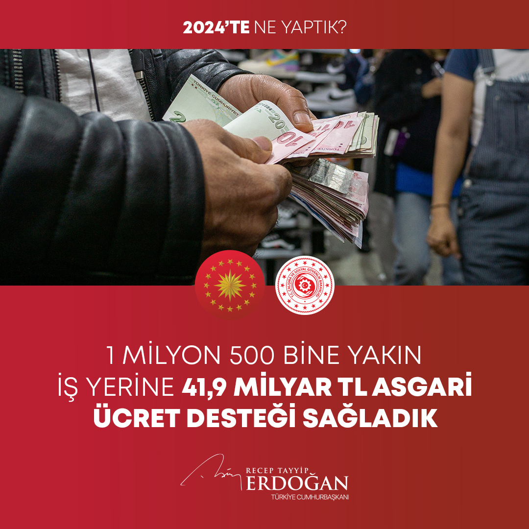 1,5 milyona yakın iş yerimize toplam 41,9 milyar lira asgari ücret desteği sağladık. #2024teNeYaptık
