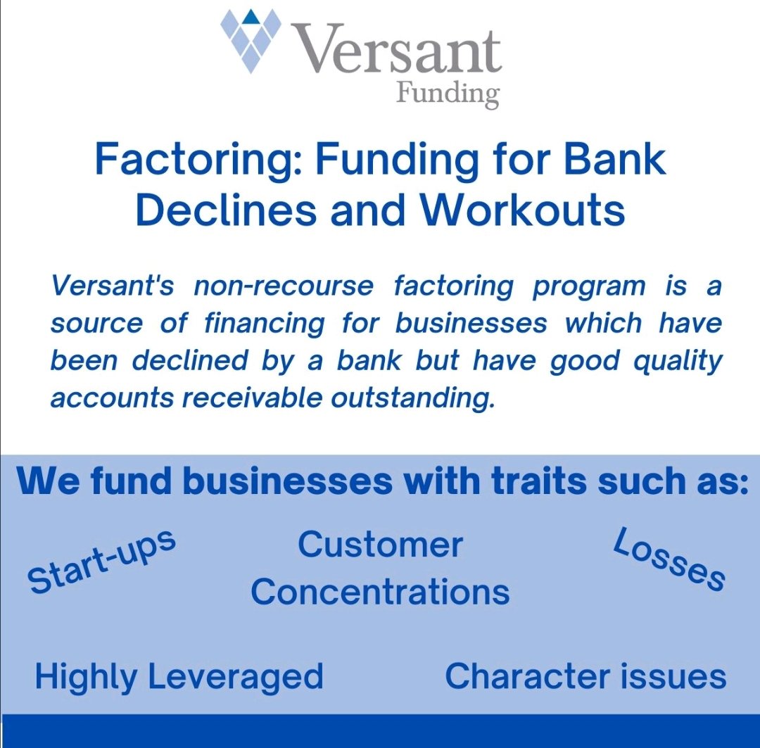 chrislehnes's tweet image. Factoring: Funding for Bank Declines and Workouts:

Our factoring program is an ideal source of financing for businesses which have been declined by a bank but have good quality accounts receivable. chrislehnes.com 

#factoring
#workingcapital
#accountsreceivablefinancing