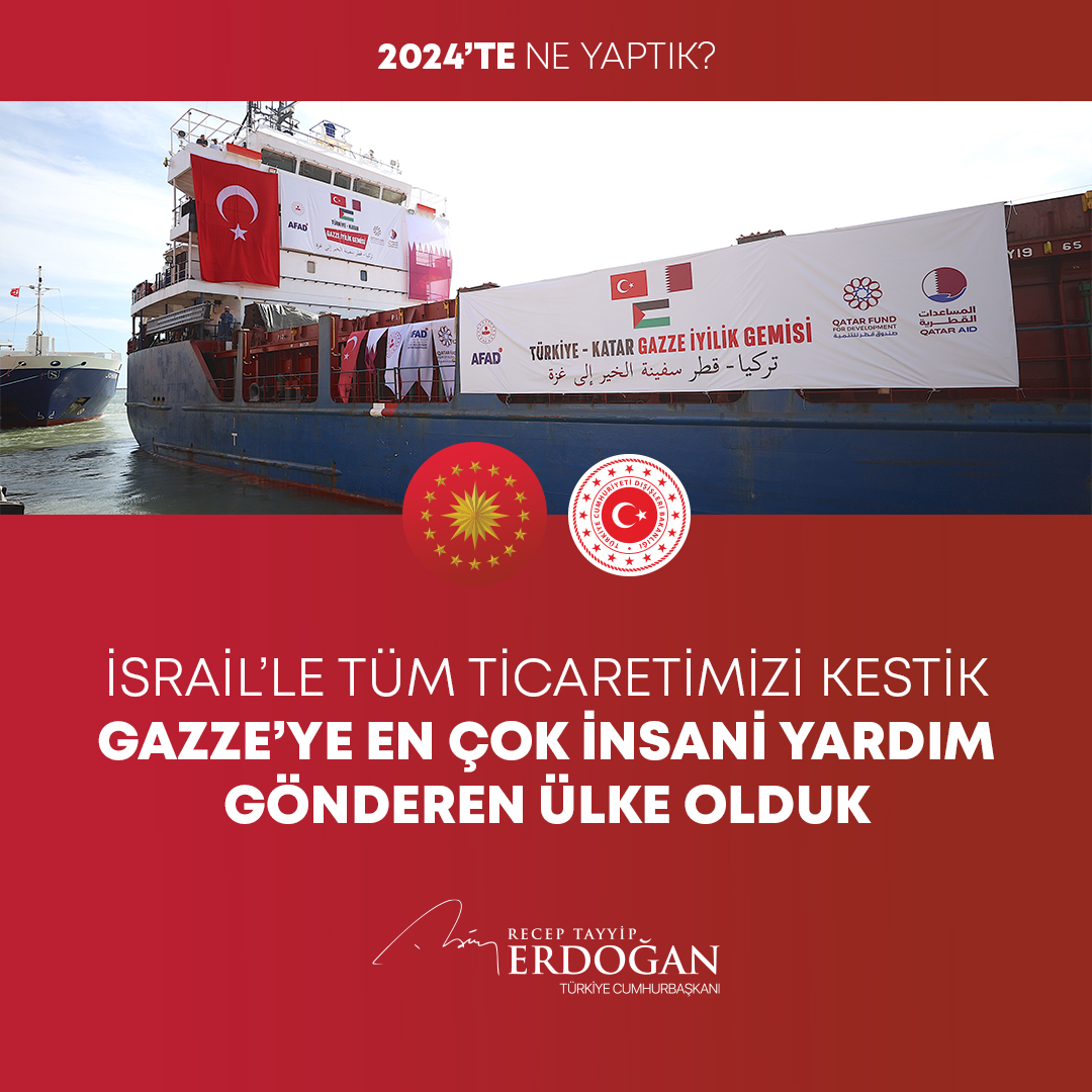 İsrail ile olan tüm ticaretimizi süratle kestik. Türkiye olarak büyük bir insani trajedinin yaşandığı Gazze’ye en çok yardım gönderen ülkeyiz. #2024teNeYaptık