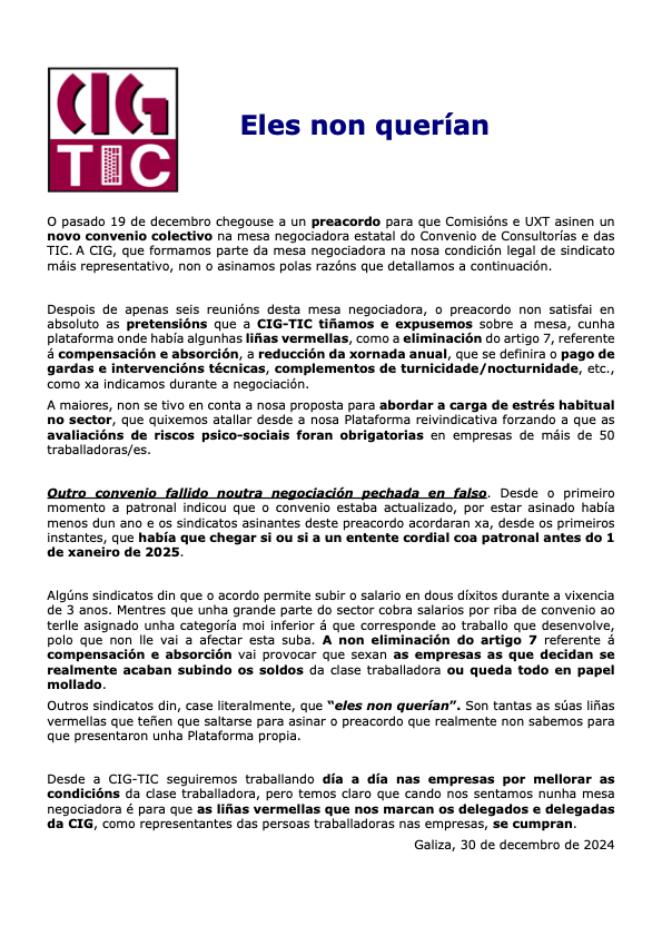 galizaCIG_TIC's tweet photo. Outro convenio fallido noutra negociación pechada en falso. A non eliminación do artigo 7 (compensación e absorción) vai provocar que sexan as empresas as que decidan se realmente acaban subindo os soldos. Outros sindicatos din, case literalmente, que “eles non querían” asinar. https://t.co/1S7O4d5OZO