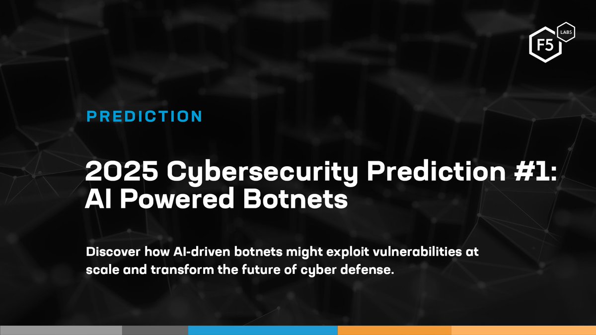 First 2025 #cybersecurity prediction: AI-Powered Botnets

Imagine #botnets running autonomous hacking tools via APIs to exploit vulnerabilities at scale. Hackers don’t sleep, and soon their AI agents won’t either.

Find out more about our predictions ➡️ go.f5.net/yz0wgue5